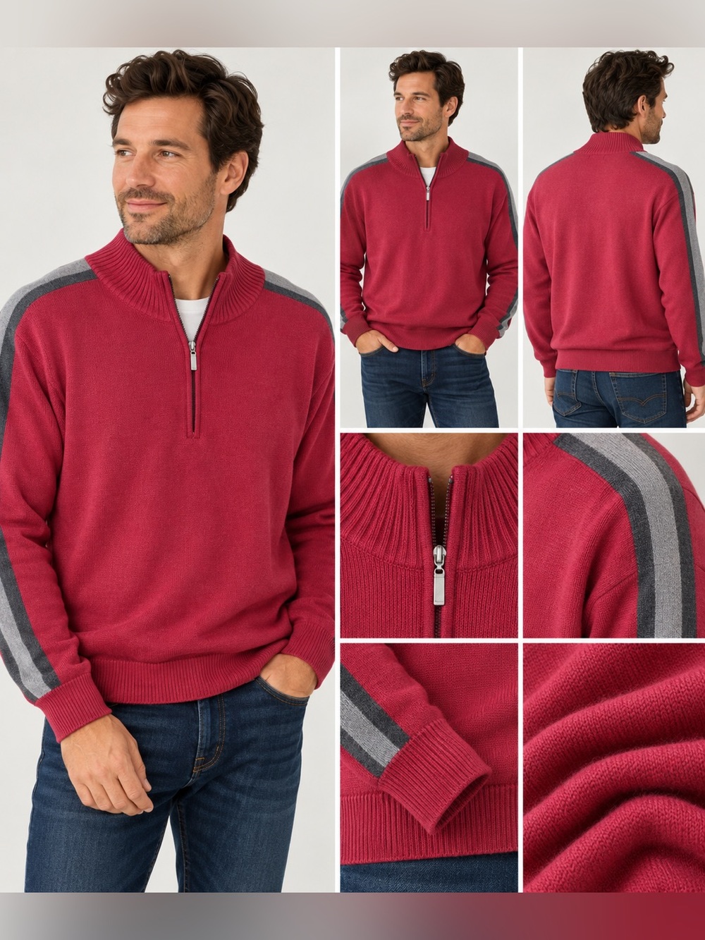 Oscar de la Renta Men’s XL Quarter Zip Sweater Red Gray Fall 2009